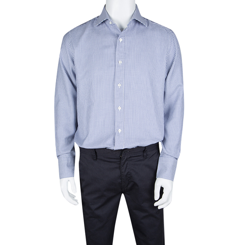 

Tom Ford Blue and White Cotton Houndstooth Pattern Long Sleeve Shirt