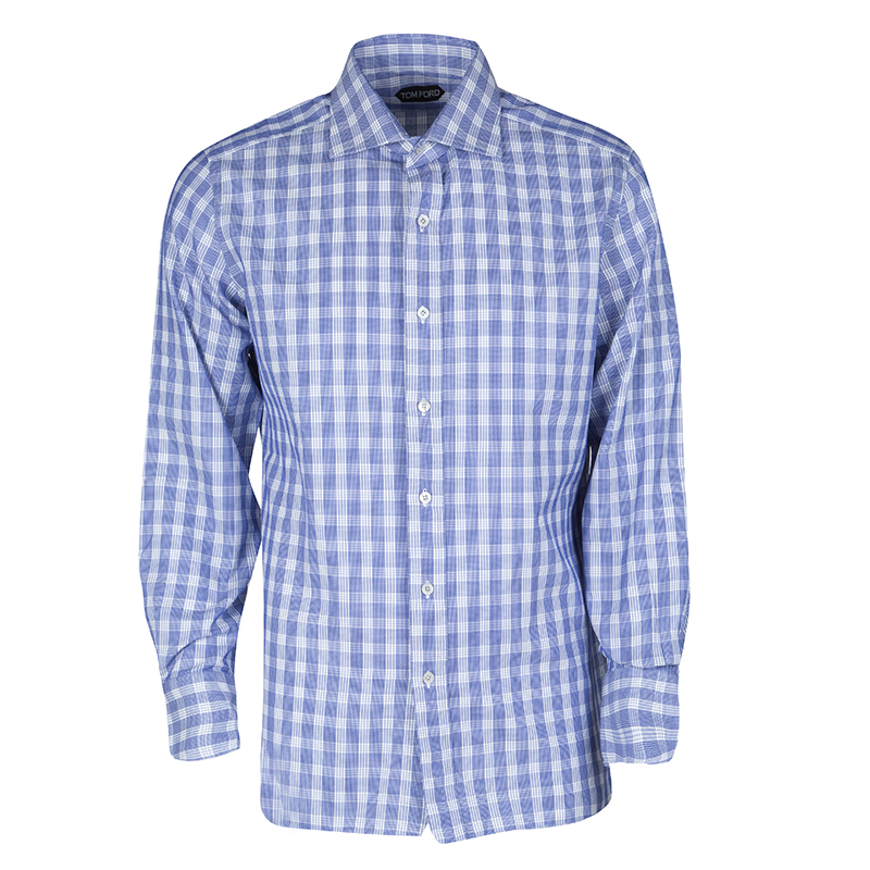 Pre Owned Tom Ford Blue and White Checked Cotton Long Sleeve Shirt L