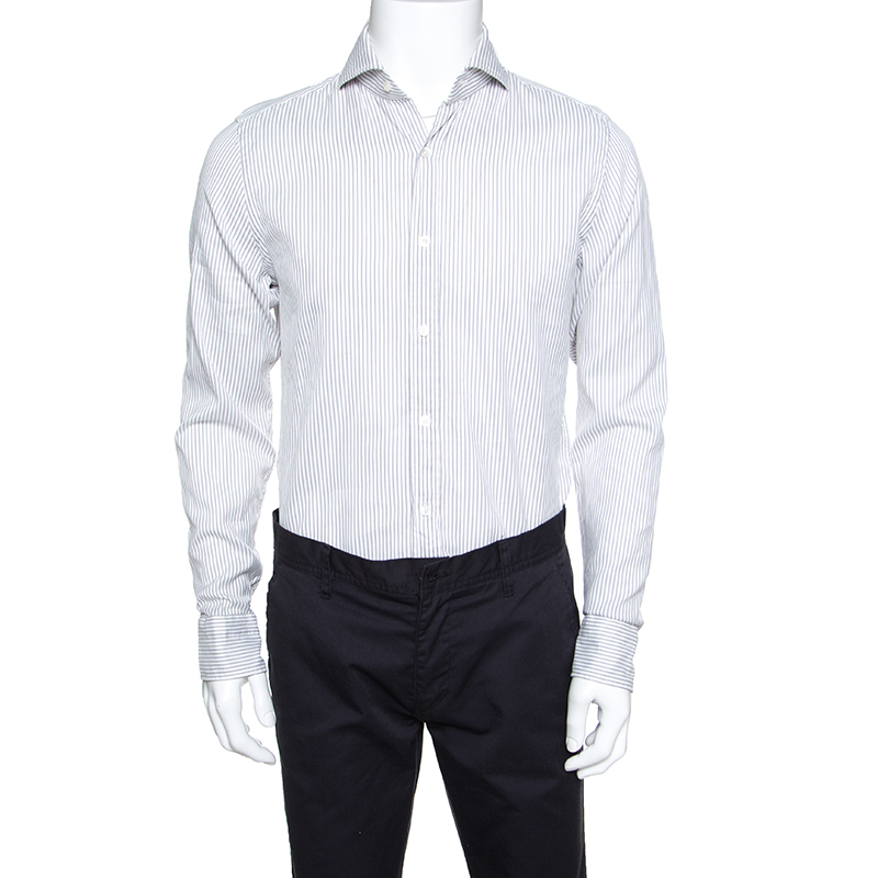 Tom Ford White and Grey Striped Cotton Long Sleeve Button Front Shirt L ...
