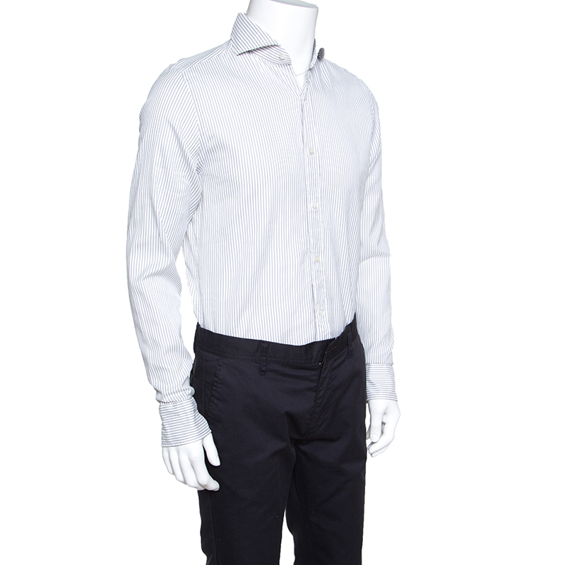 

Tom Ford White and Grey Striped Cotton Long Sleeve Button Front Shirt
