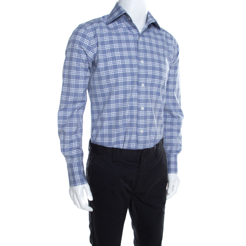 

Tom Ford Blue and White Plaid Checked Cotton Long Sleeve Shirt M
