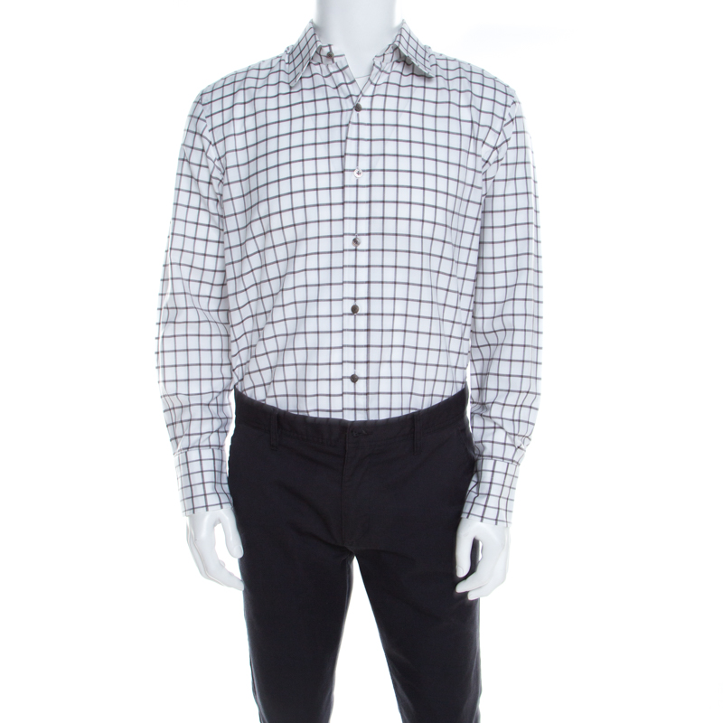 

Tom Ford Brown and White Checked Cotton Long Sleeve Button Front Shirt