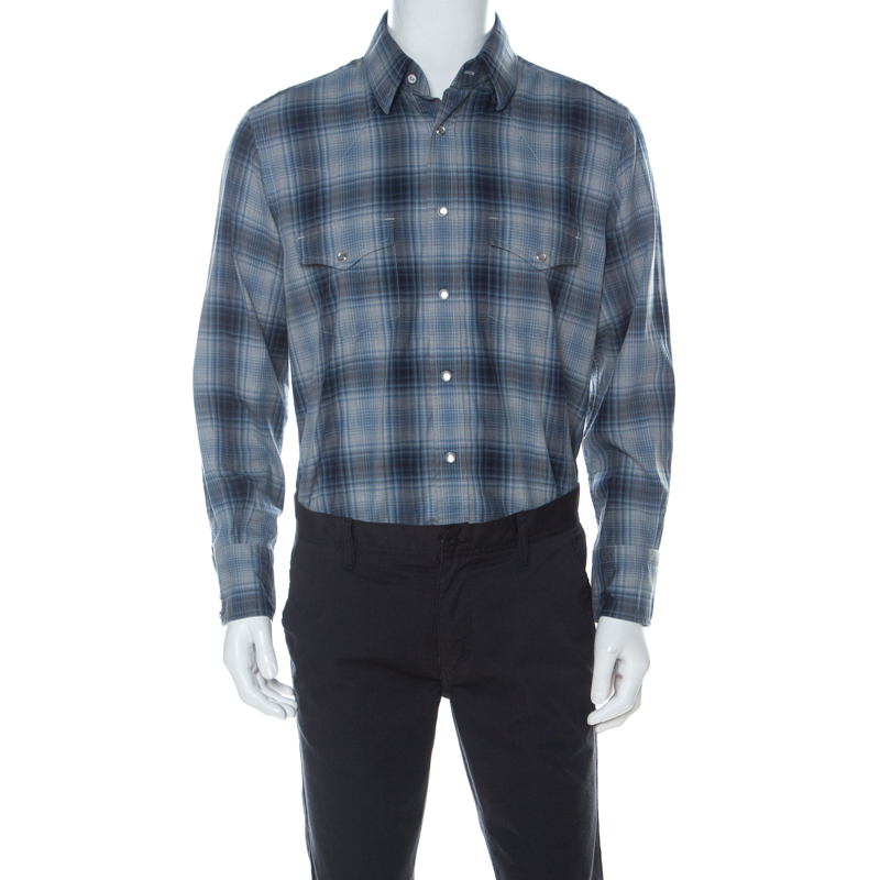 Pre Owned Tom Ford Blue and Grey Plaid Cotton Classic Shirt XXL 
