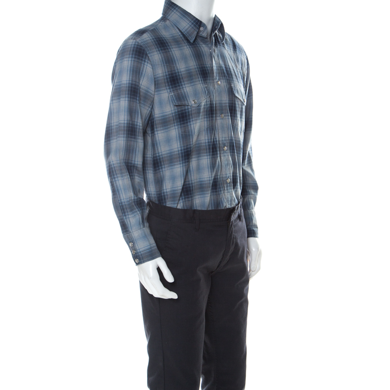 

Tom Ford Blue and Grey Plaid Cotton Twill Classic Shirt