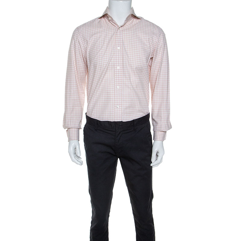 Tom Ford Pale Pink Gingham Check Textured Cotton Button Front Shirt M