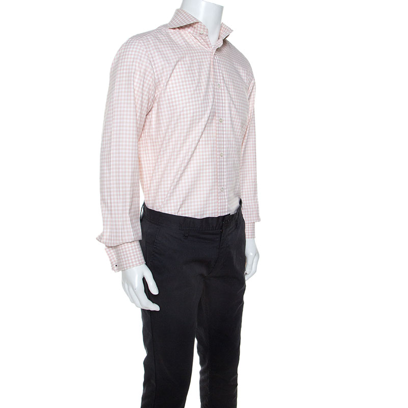

Tom Ford Pale Pink Gingham Check Textured Cotton Button Front Shirt
