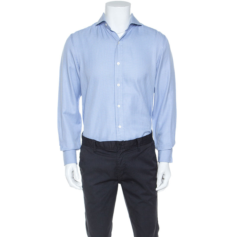 Tom Ford Blue Textured Houndstooth Checked Cotton Button Front Shirt M