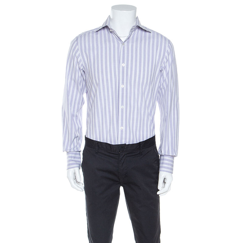 Tom Ford Lilac and White Checked Cotton Front Button Shirt M