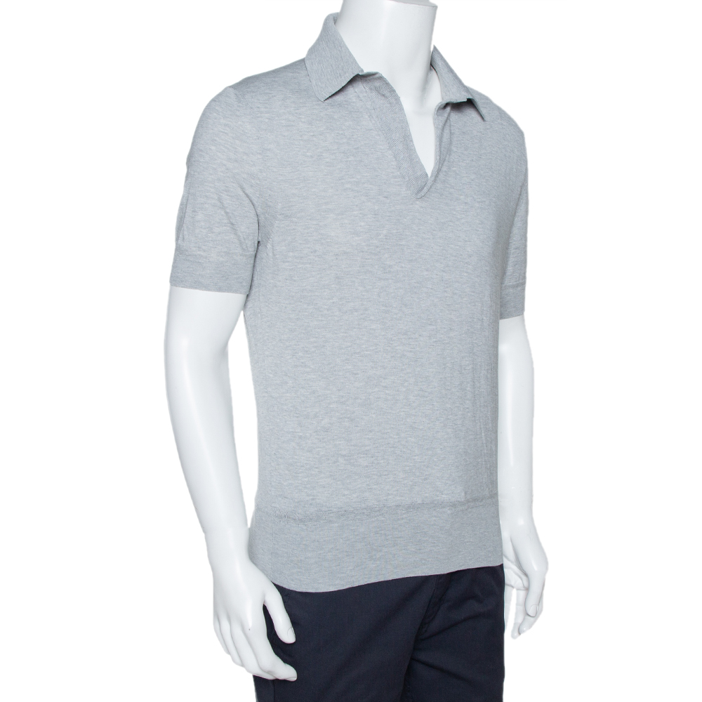 

Tom Ford Grey Rib Knit Cotton V Neck Polo T-Shirt