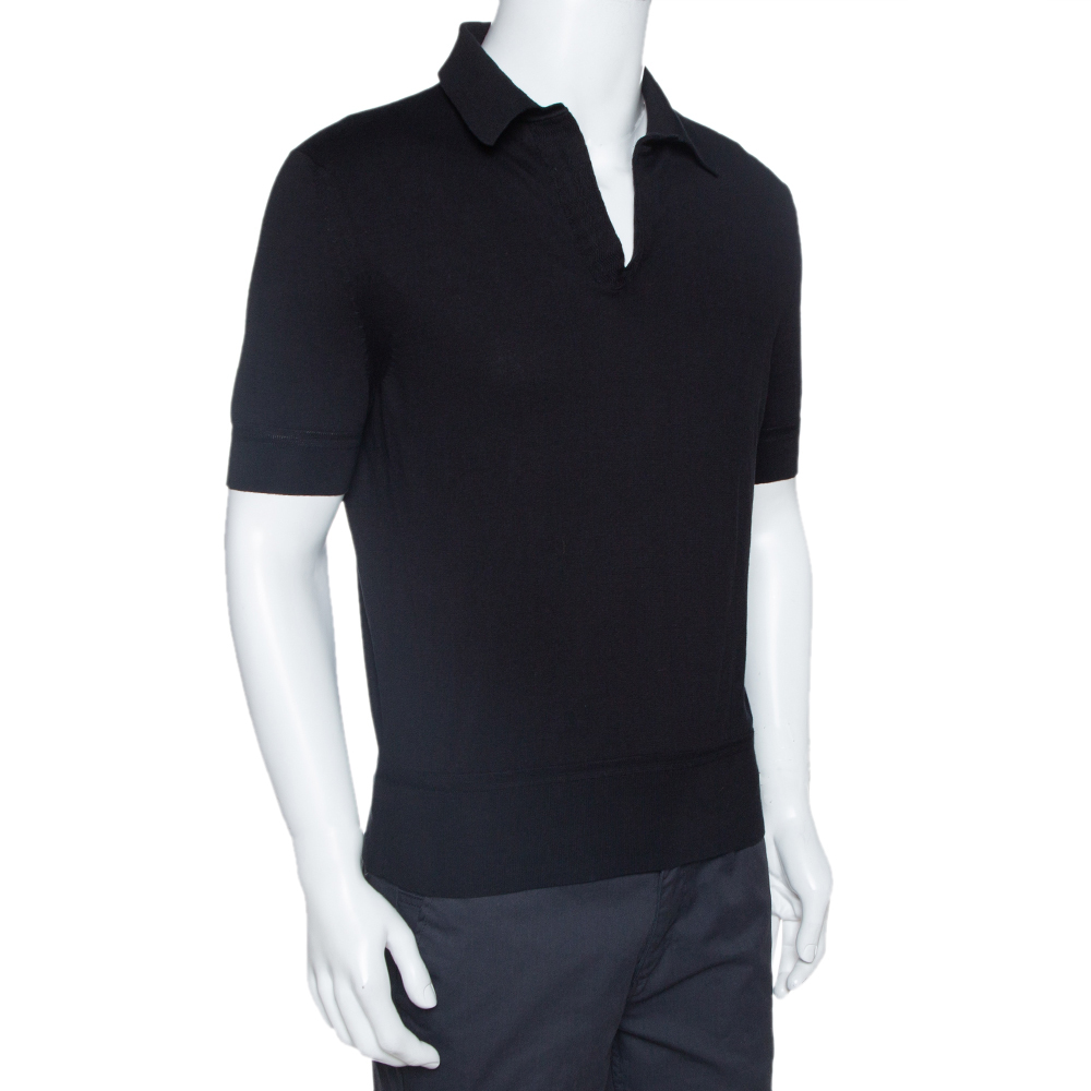 

Tom Ford Black Rib Knit Cotton V Neck Polo T-Shirt