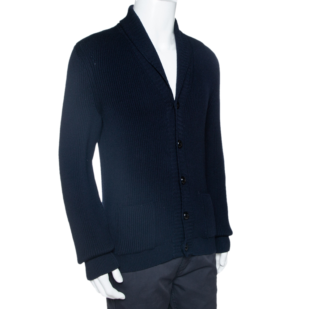 

Tom Ford Navy Blue Rib Knit Shawl Collar Cardigan