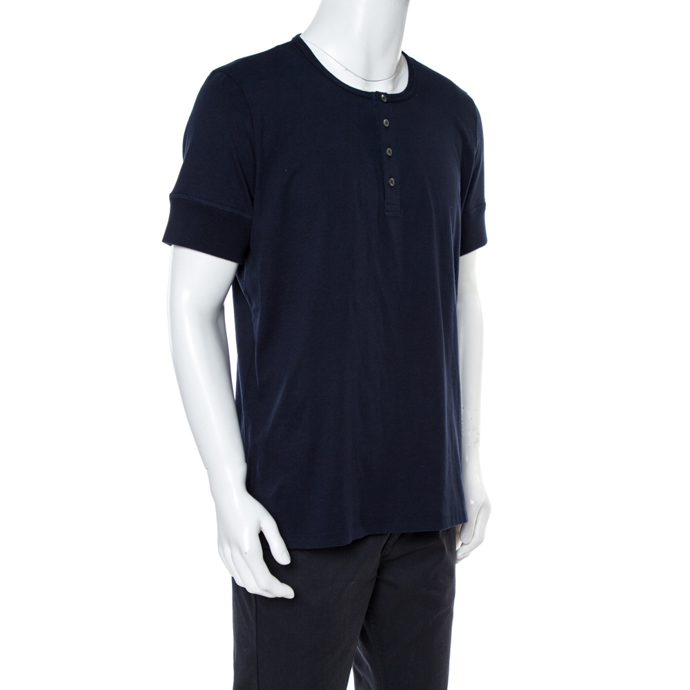 

Tom Ford Navy Blue Cotton Marl Jersey Henley T-Shirt 3XL