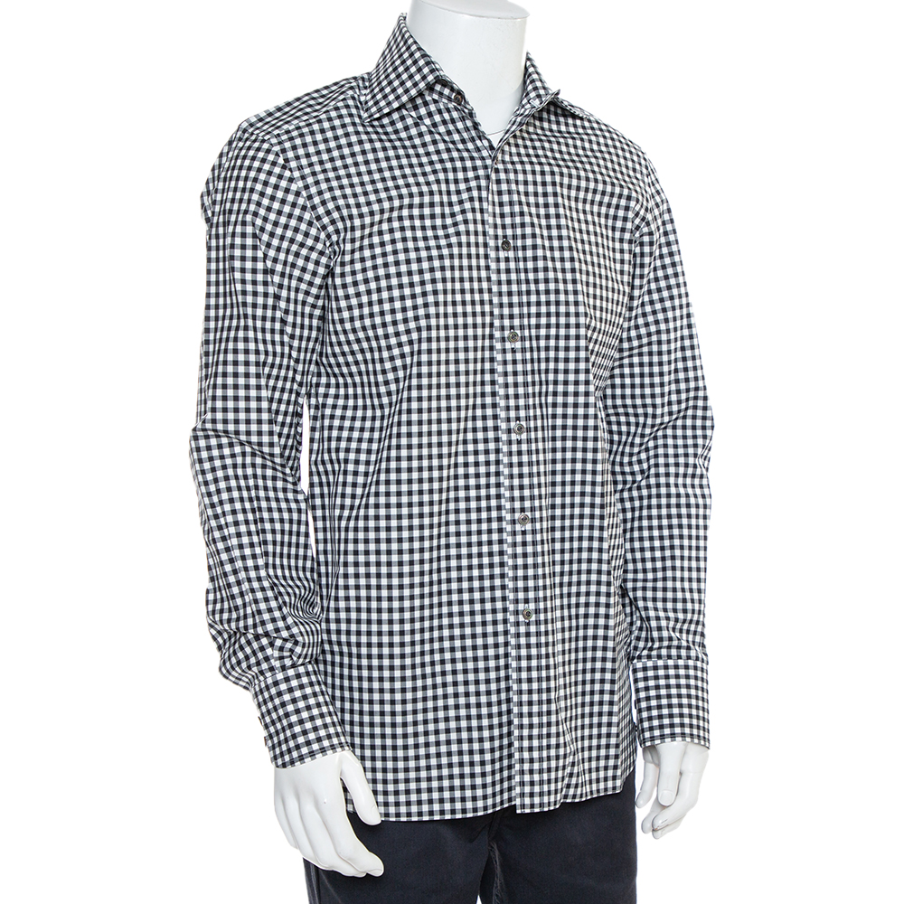 

Tom Ford Monochrome Checkered Cotton Button Front Shirt, Black