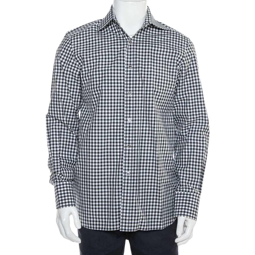 Pre-owned Tom Ford Monochrome Checkered Cotton Button Front Shirt L In Black
