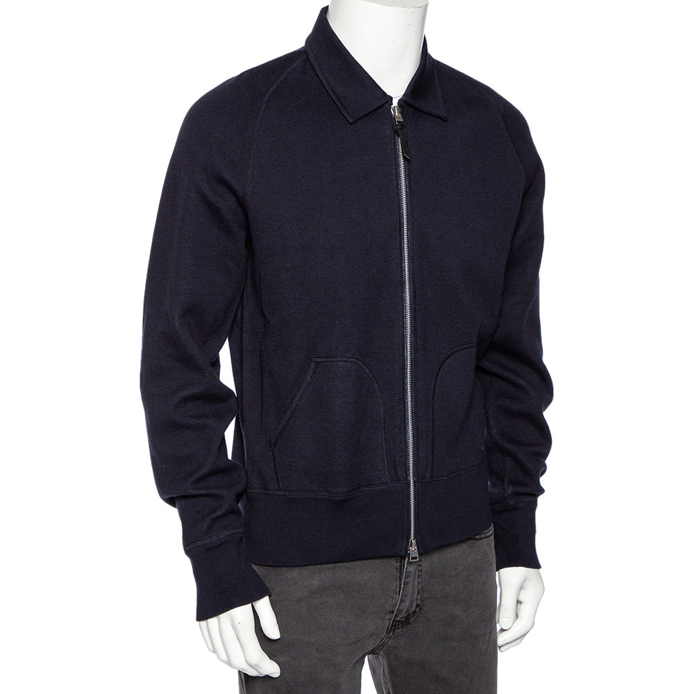 

Tom Ford Navy Blue Cotton Knit Zip Front Point Collar Sweatshirt XL