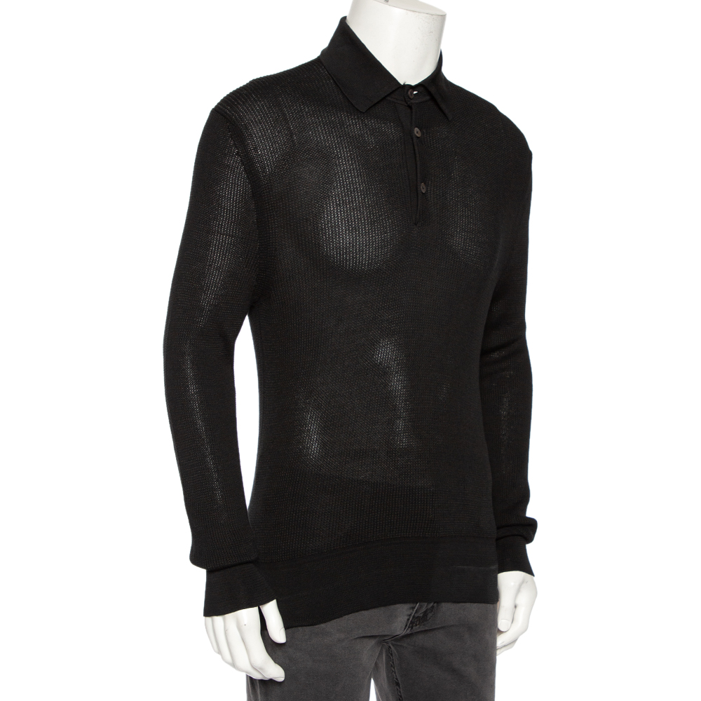 

Tom Ford Black Waffle Knit Long-Sleeve Polo Shirt