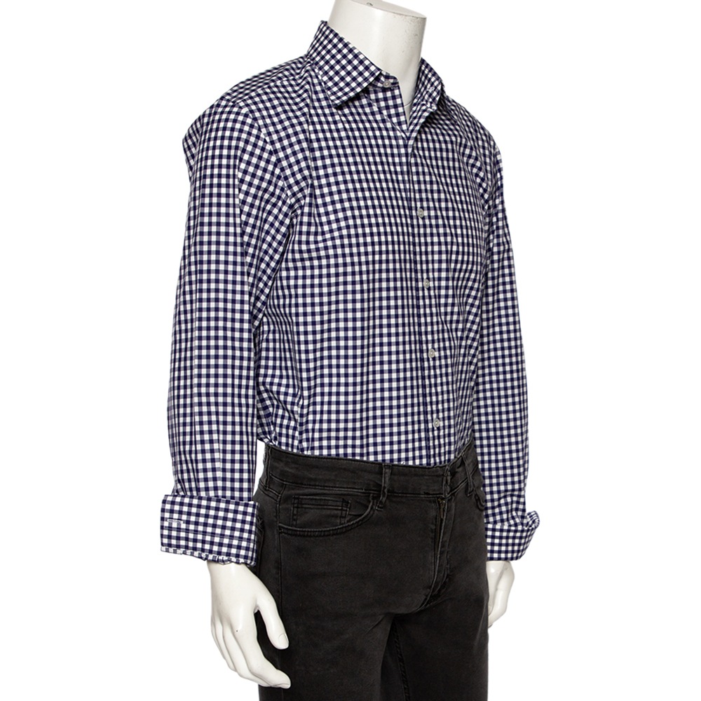 

Tom Ford Indigo Gingham Checkered Cotton Button Front Shirt, Blue