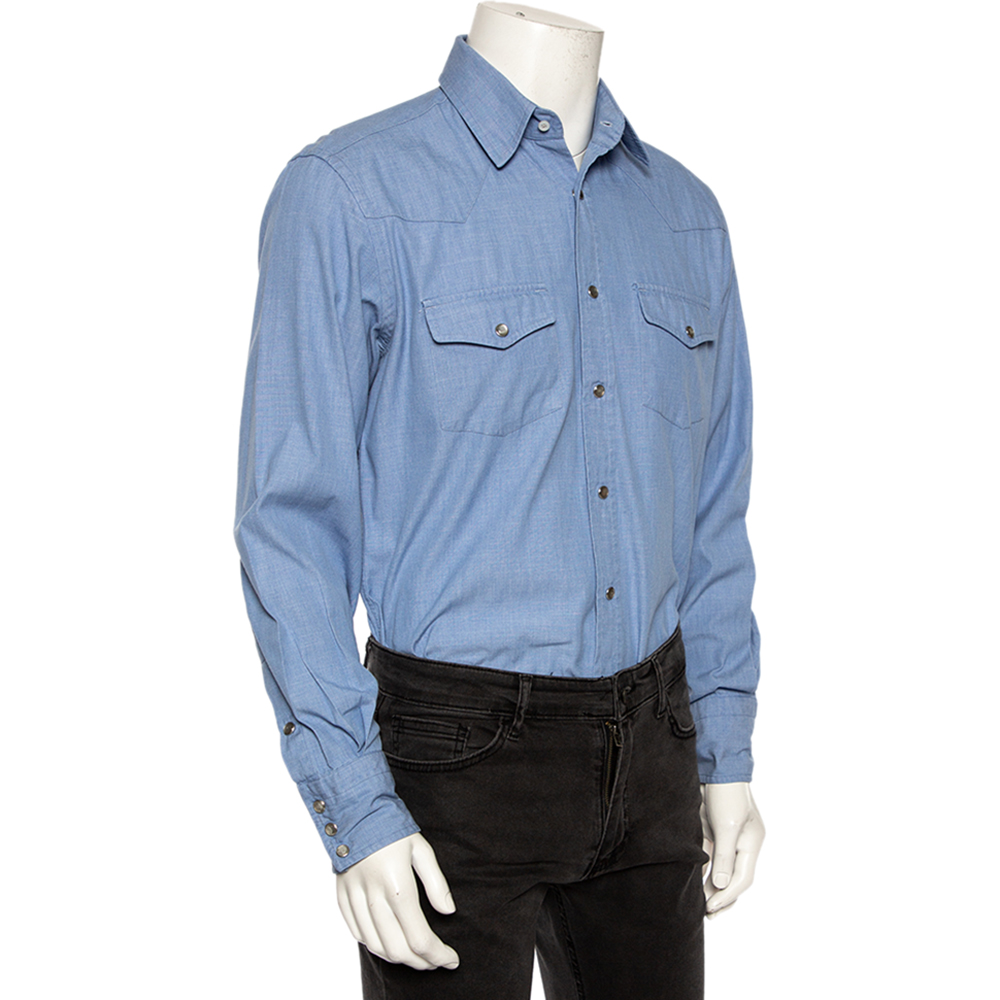 

Tom Ford Light Blue Chambray Cotton Patch Pocket Detailed Button Front Shirt