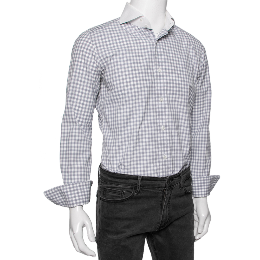 

Tom Ford Grey Gingham Checked Cotton Contrast Collar Detail Shirt