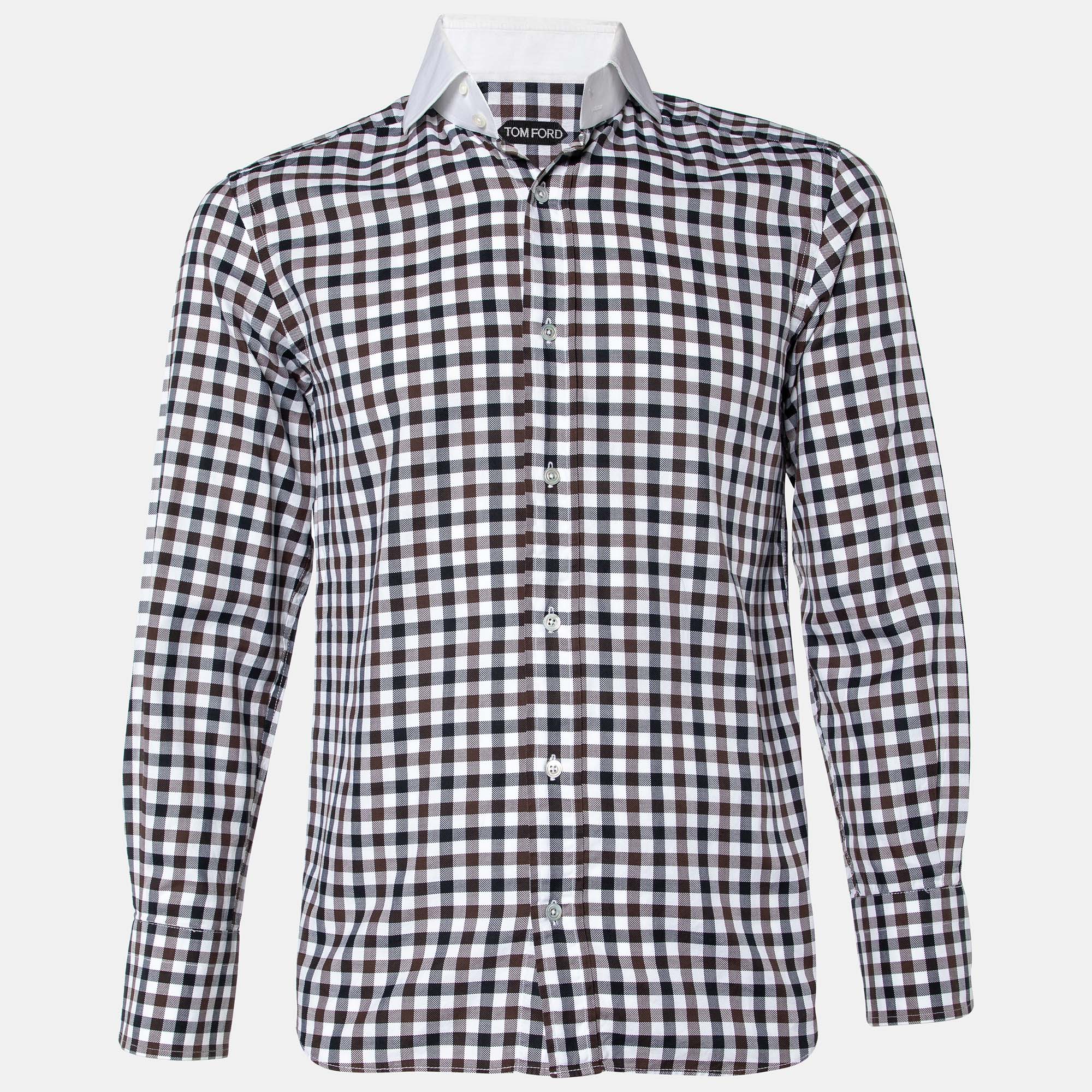 مملوكة مسبقًا Tom Ford Brown Checked Cotton Shirt M
