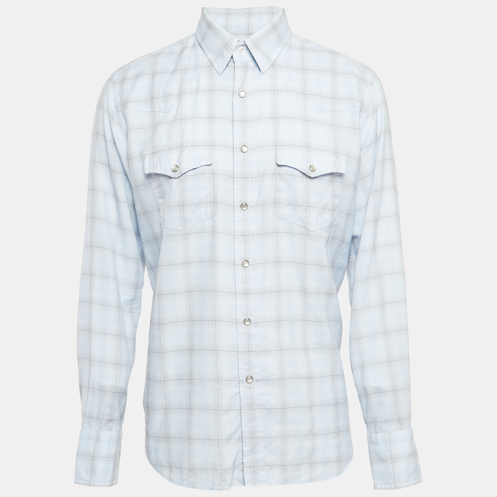 

Tom Ford Blue Checked Cotton Flap Pocket Detail Shirt