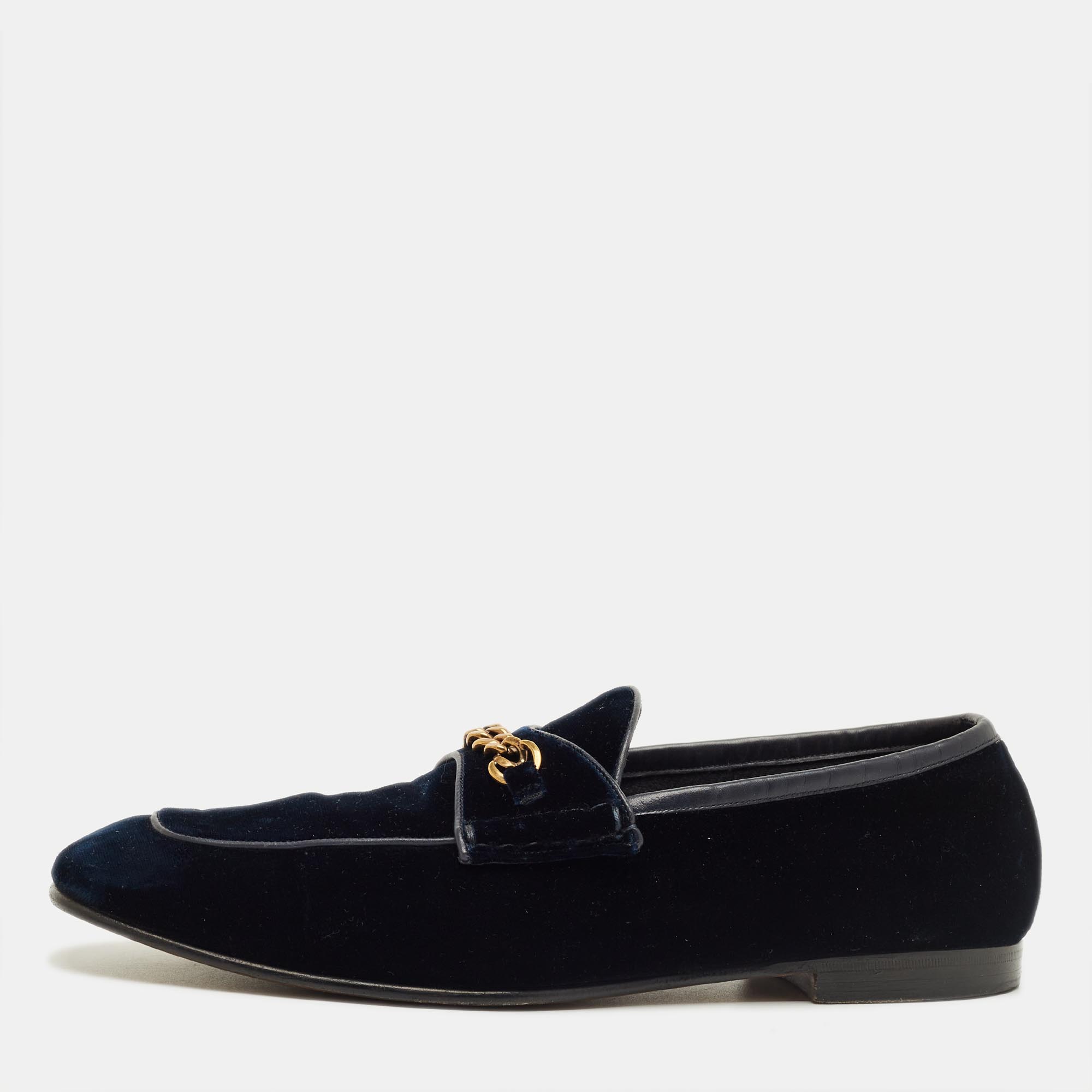 Pre-owned Tom Ford Navy Blue Velvet York Chain Loafers Size 42