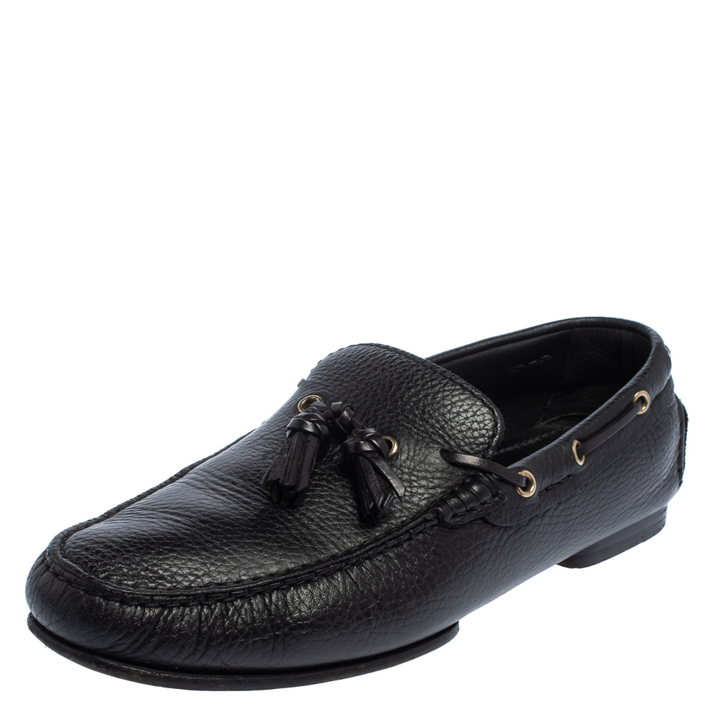 Pre-owned Tom Ford Black Leather Tassel Slip On Loafers Size 43