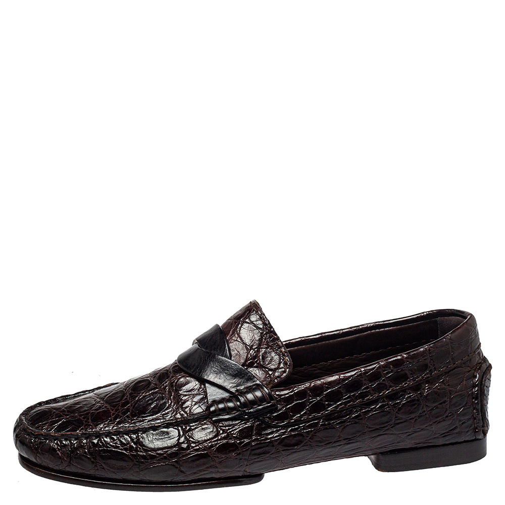 

Tom Ford Brown Crocodile Leather Slip On Loafers Size