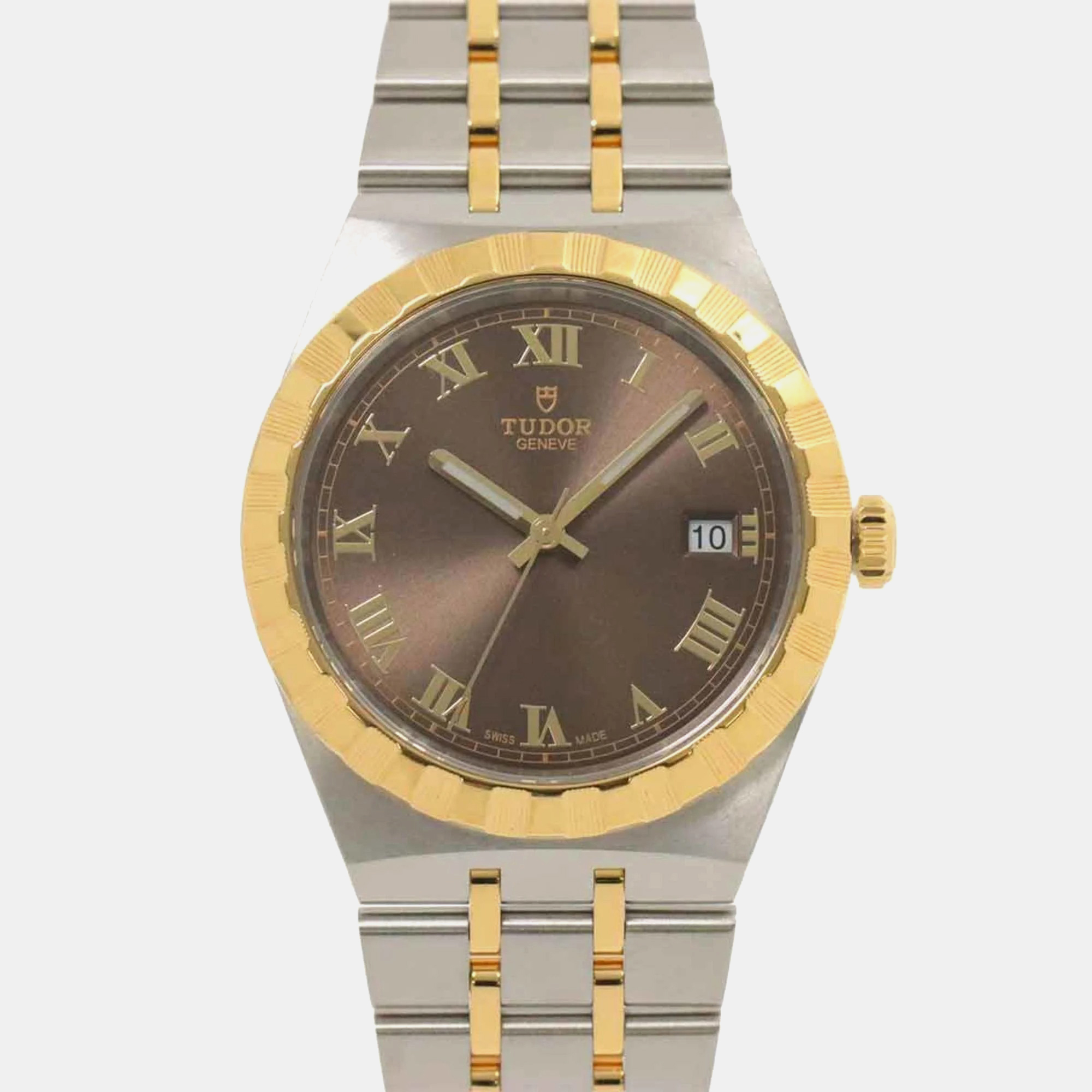 Pre-owned Tudor Brown 18k Yellow Gold Stainless Steel Royal 28503 Automatic Men's Wristwatch 38 Mm