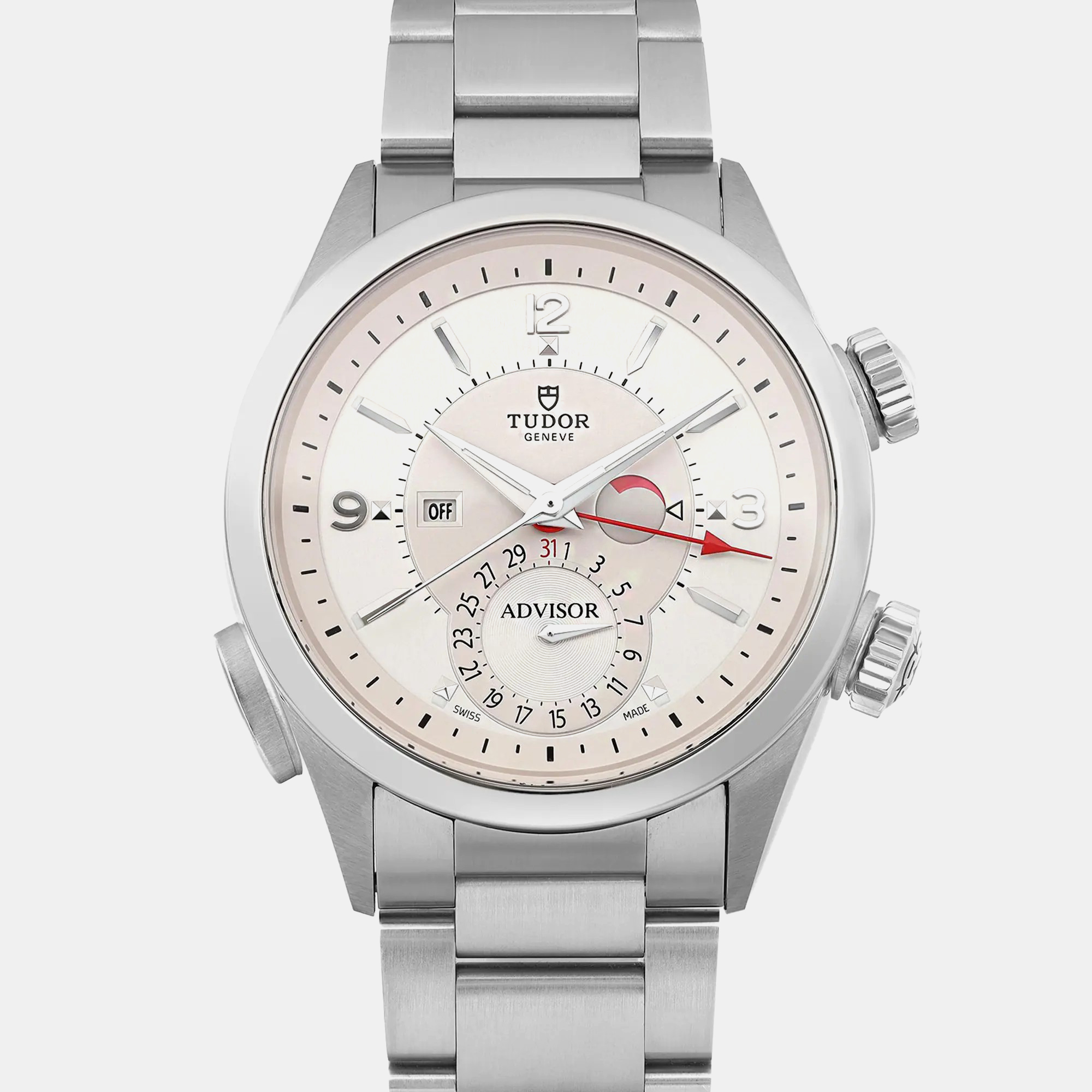 Tudor White Stainless Steel Heritage Advisor 79620T-95740 Automatic Men`s Wristwatch 42mm 