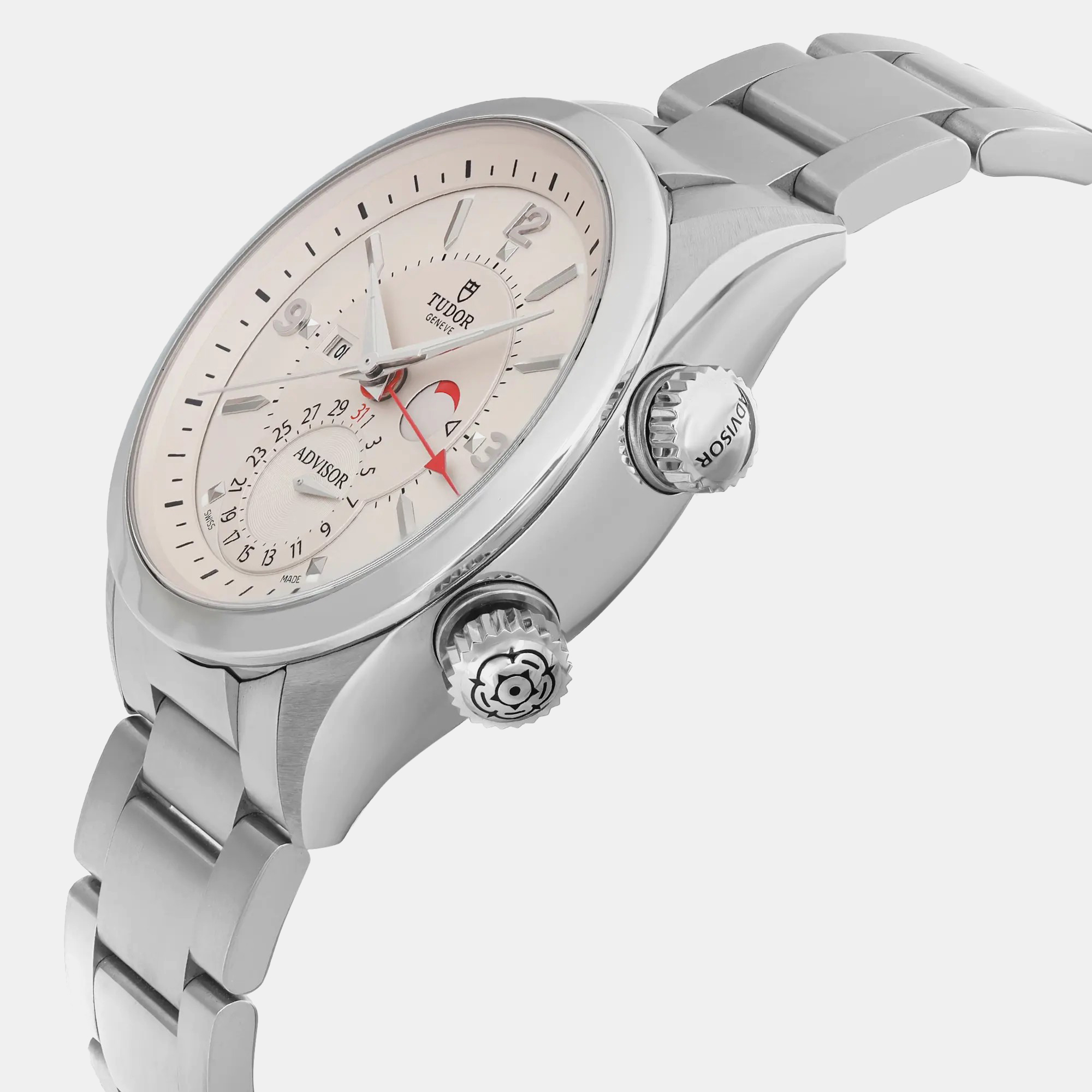 Tudor White Stainless Steel Heritage Advisor 79620T-95740 Automatic Men`s Wristwatch 42mm 