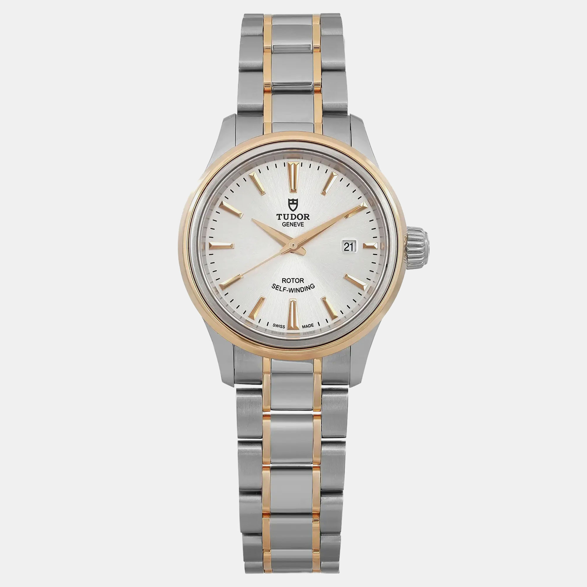 

Tudor Style 18K Yellow Gold Steel Silver Dial Ladies Watch 28 mm