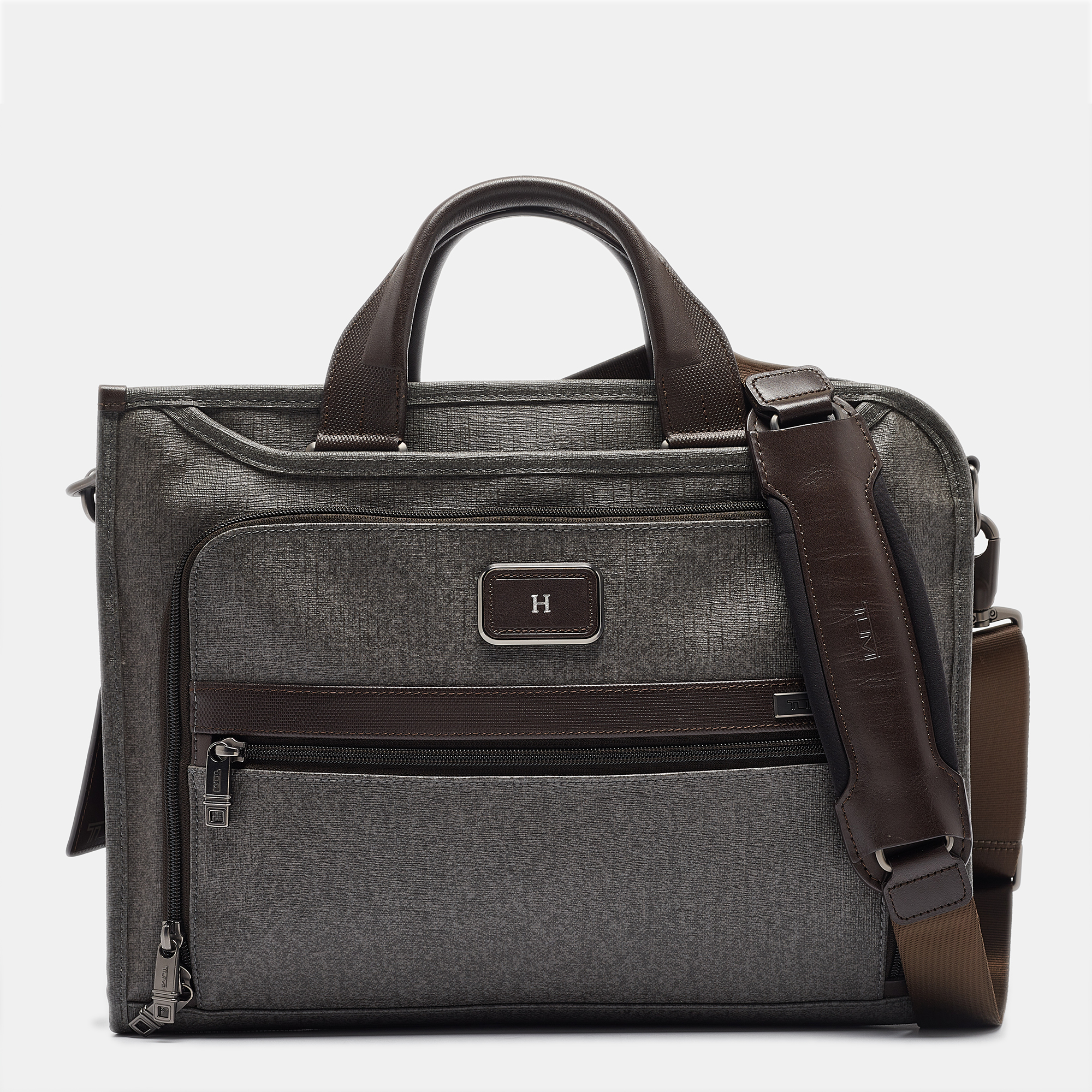 

TUMI Grey/Brown Coated Canvas and Leather Alpha 2 Slim Deluxe Portfolio Bag