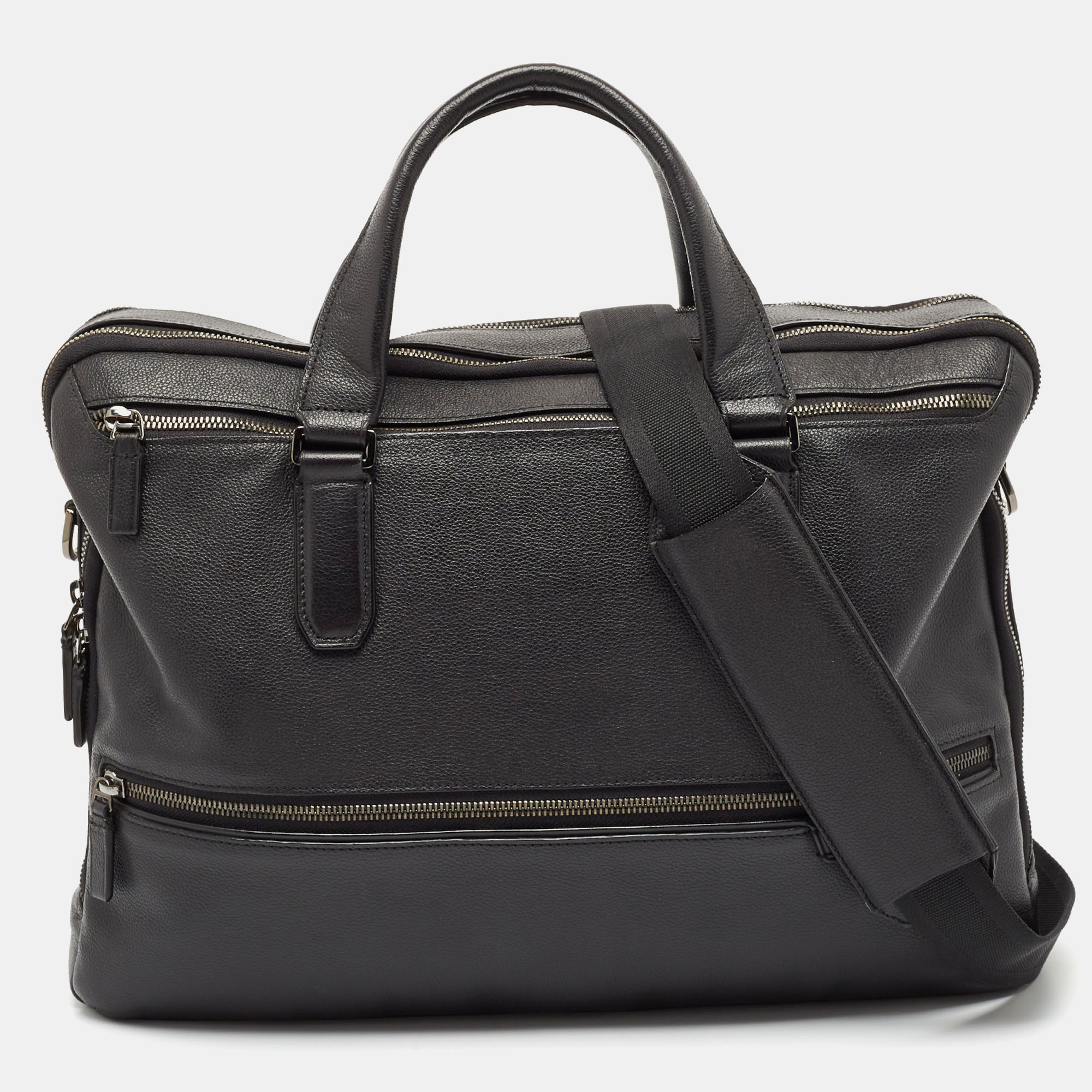 

Tumi Black Leather Harrison Double Zip Briefcase Bag