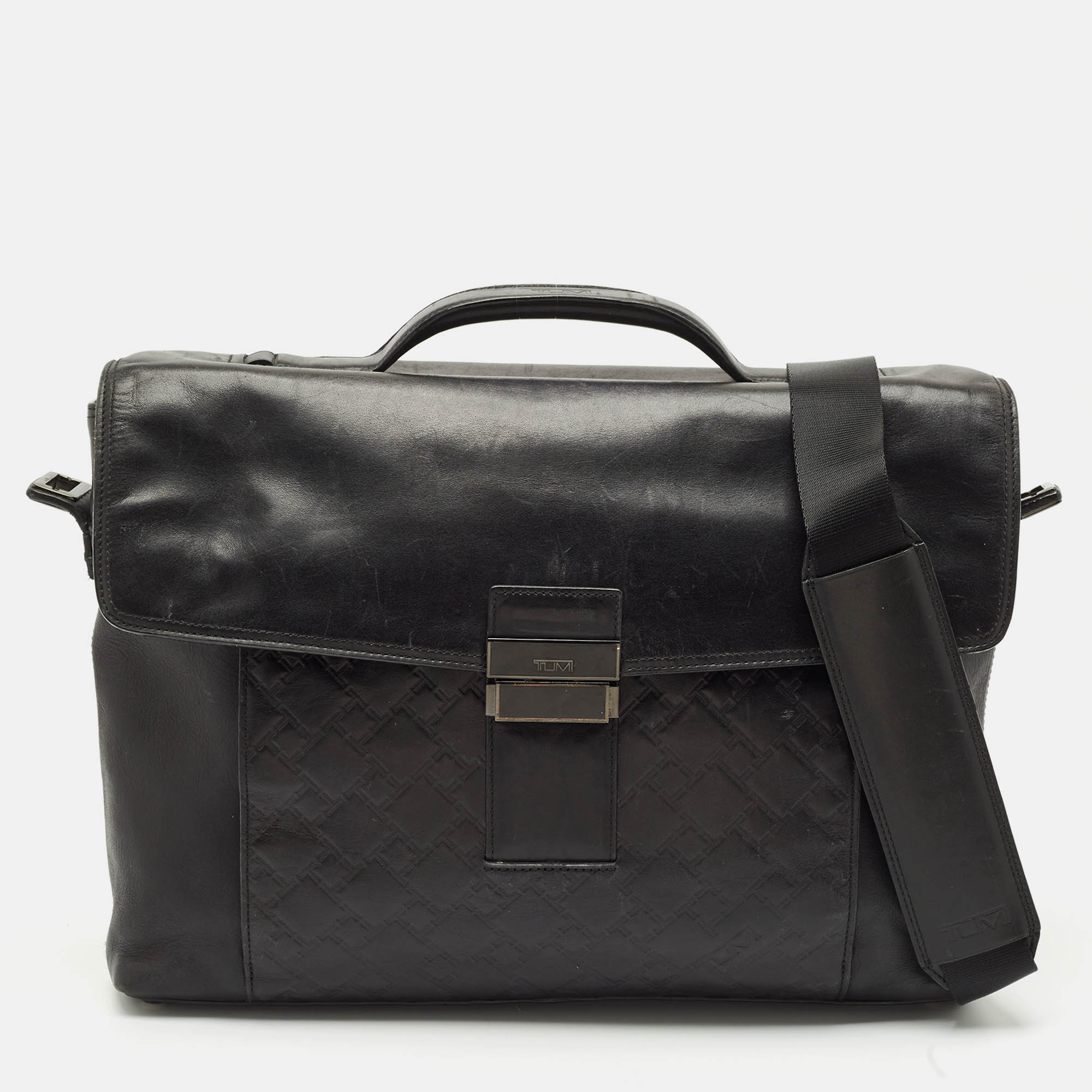 

TUMI Black Logo Embossed Leather Ticon Slim Flap Briefcase