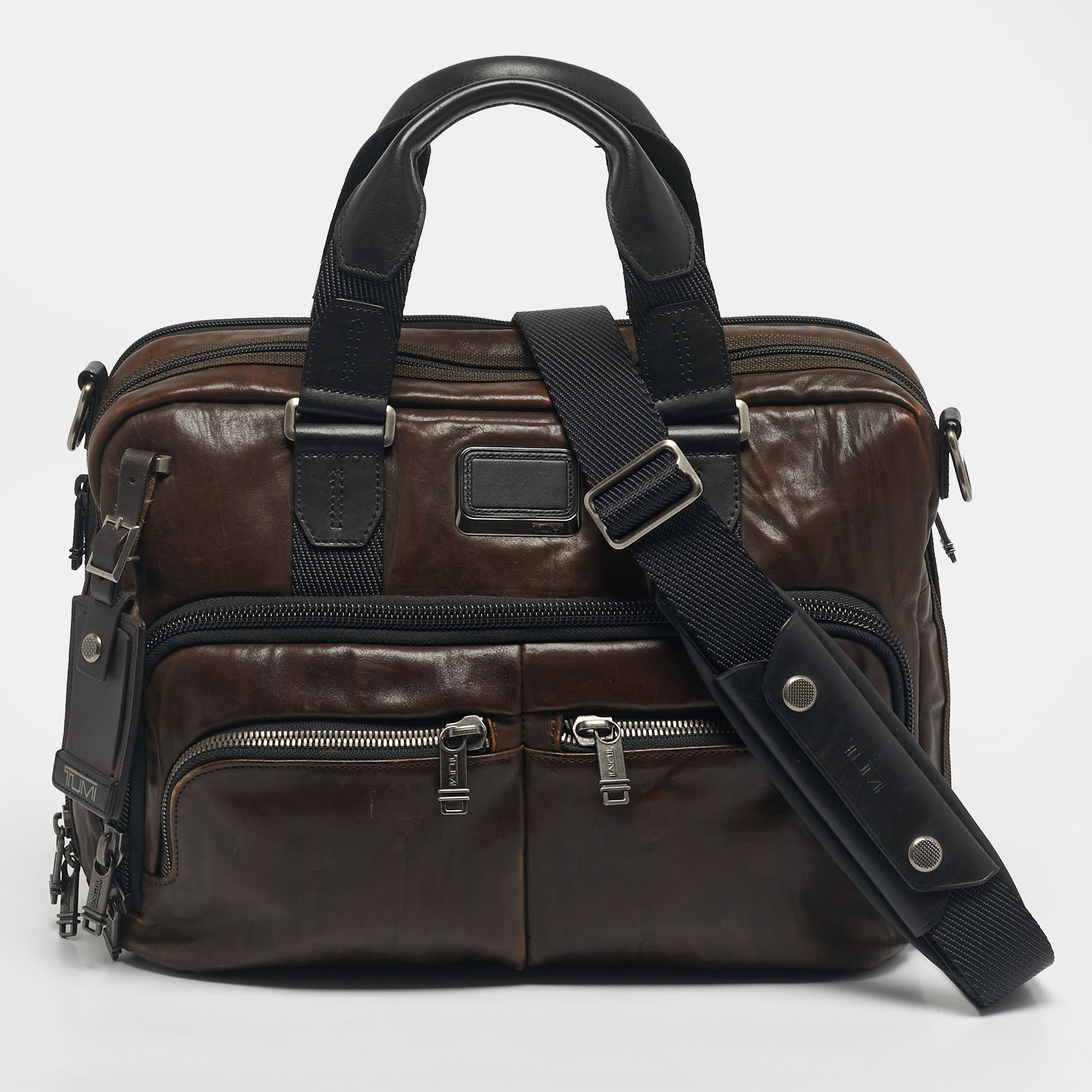

TUMI Black Leather Alpha Bravo Albany Expandable Commuter Briefcase Bag, Brown