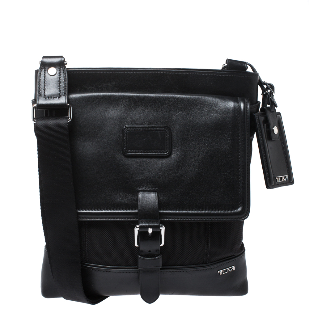 TUMI Black Nylon and Leather Messenger Bag