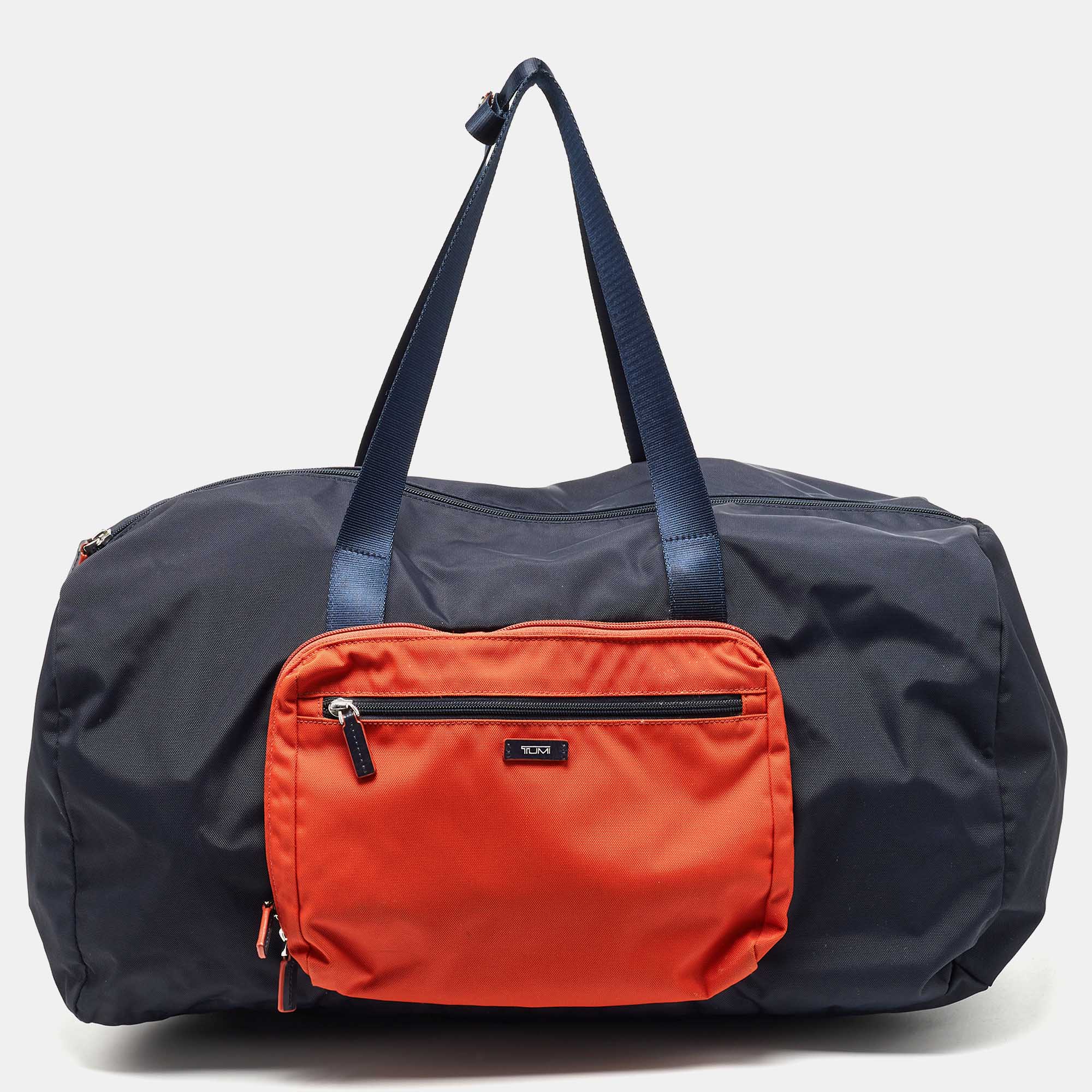 Pre-owned Tumi Navy Blue/orange Nylon Foldable Compact Duffle Bag