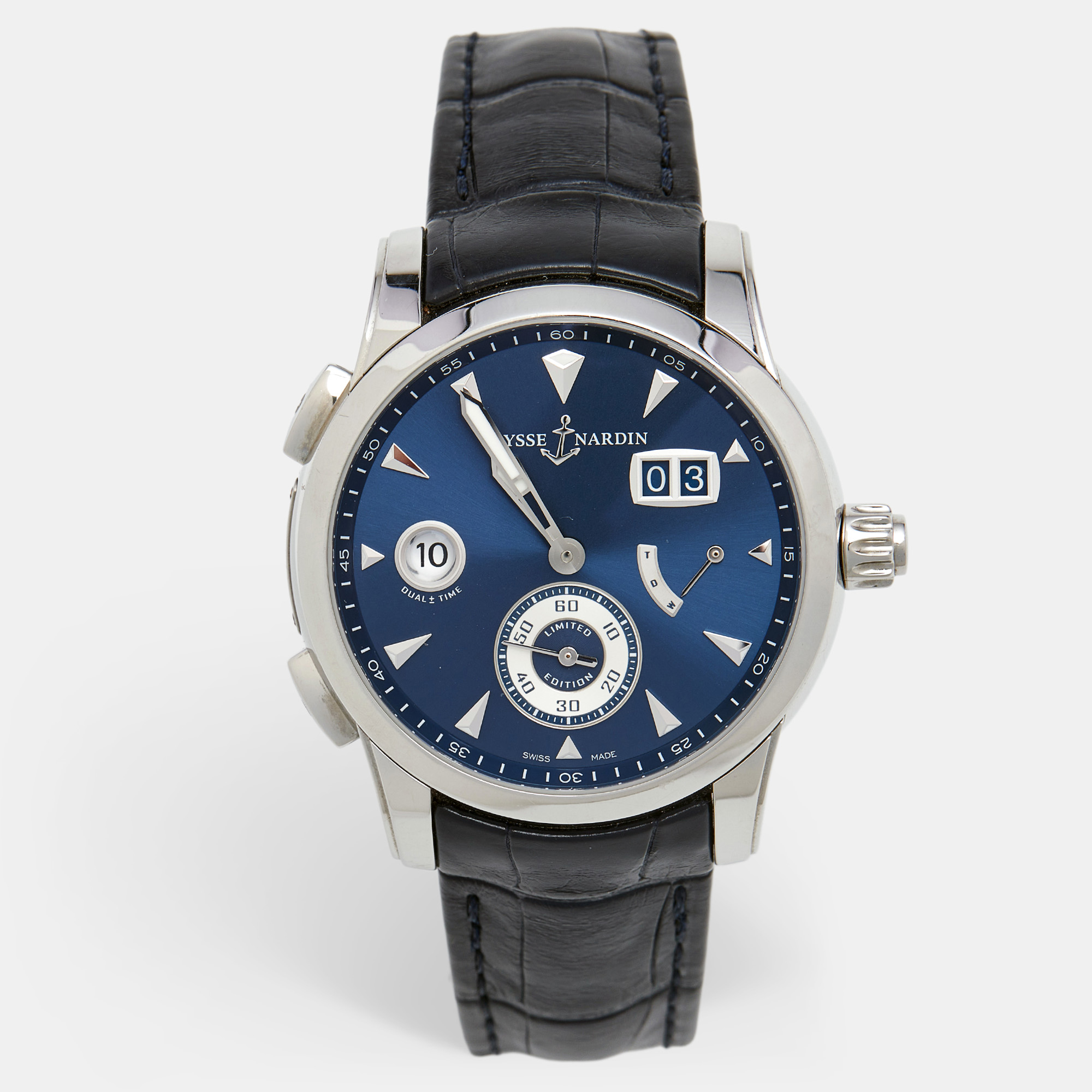 

Ulysse Nardin Navy Blue Stainless Steel Alligator Leather Dual Time