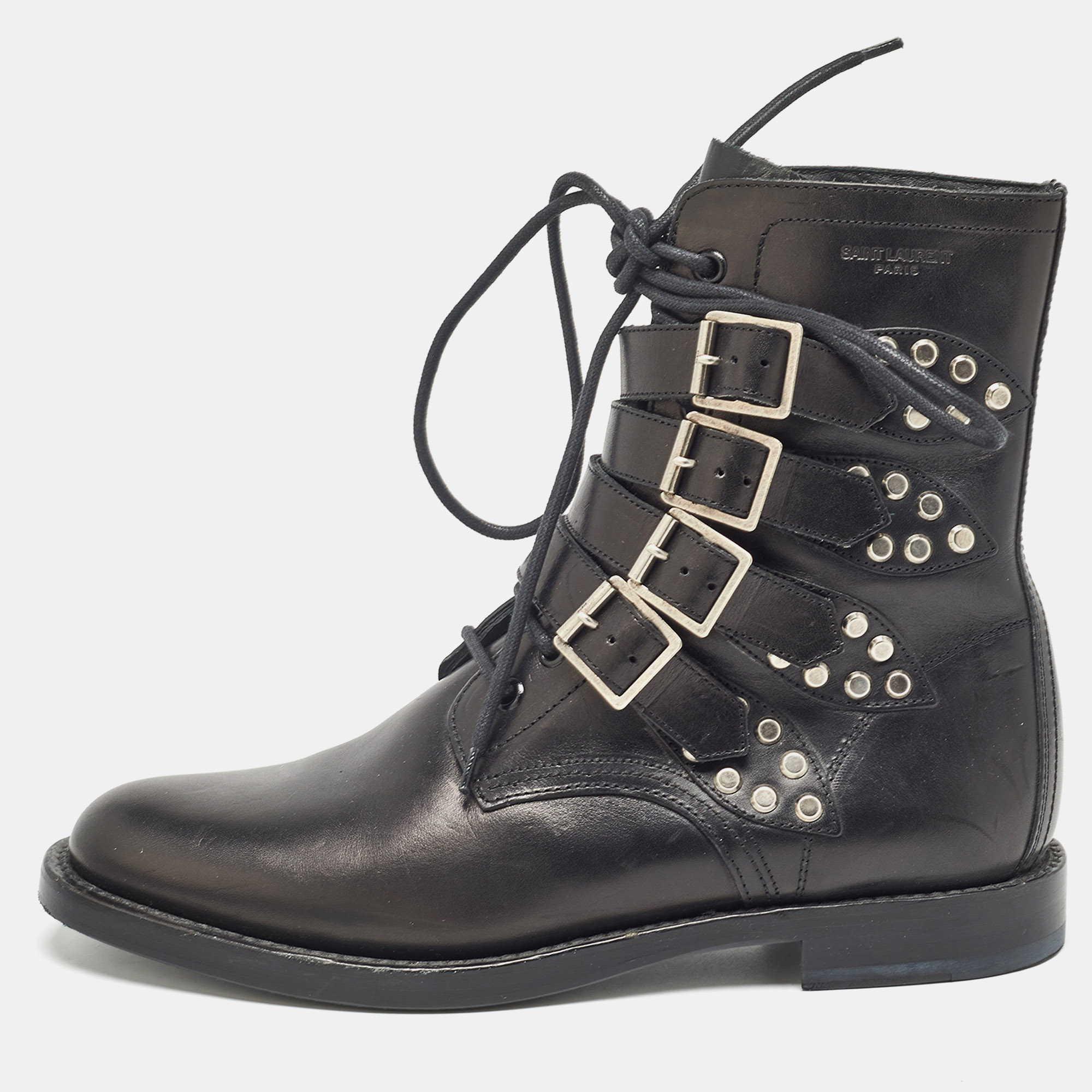 

Saint Laurent Black Leather Buckle Detail Ankle Boots Size