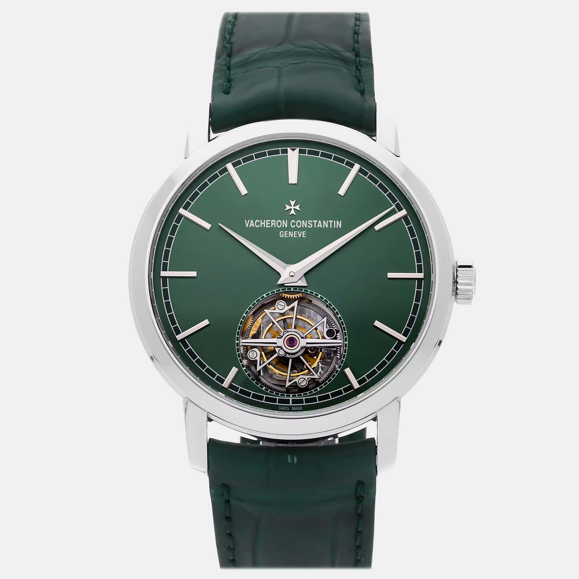 

Vacheron Constantin Traditionnelle Tourbillon 6000T/000P-H025 Automatic Platinum Silver Dial Men's Wristwatch, Green