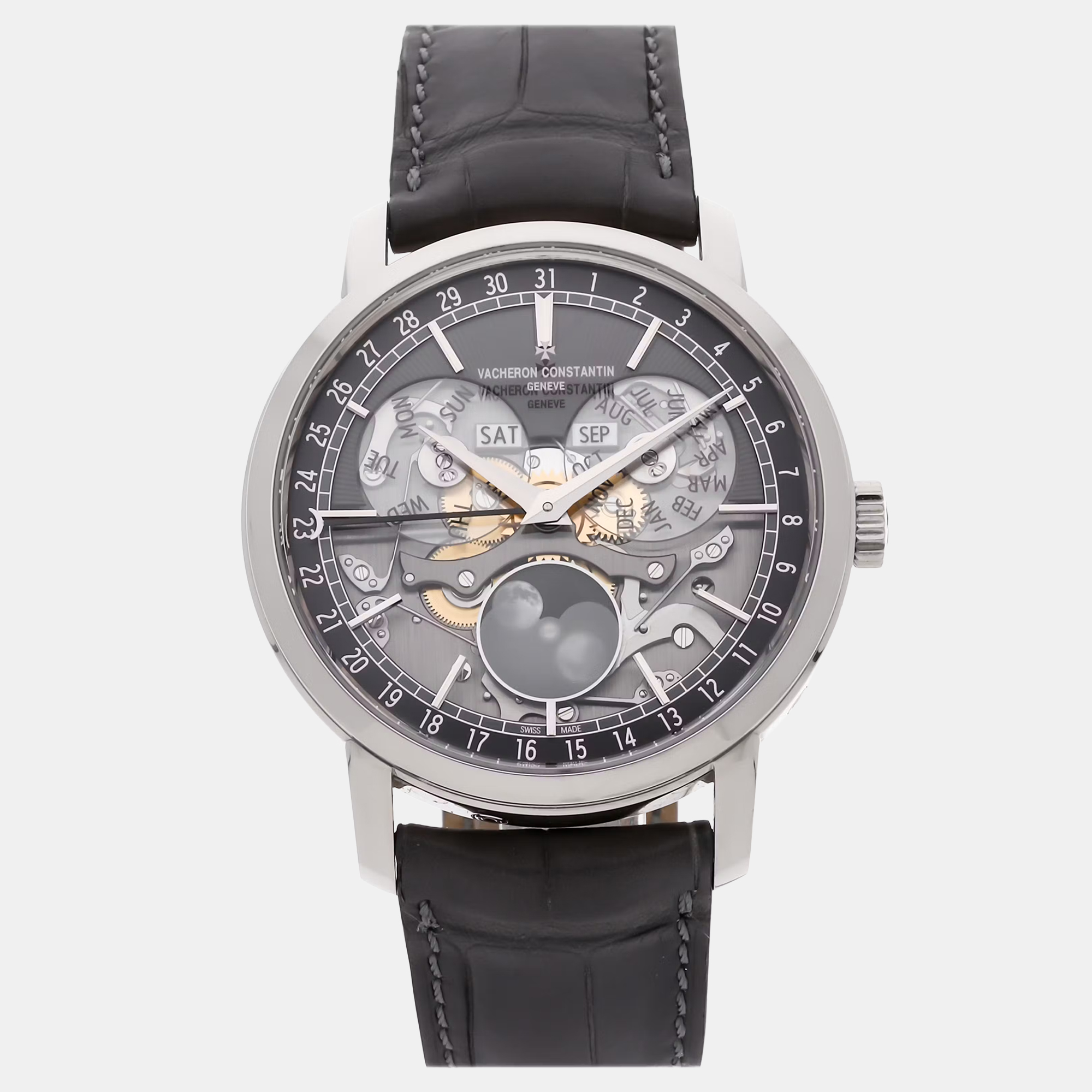 Pre-Owned Vacheron Constantin Traditionnelle Complete Calendar Openface 4020T/000G-B655 Grey Automatic 18k White Gold Men’s Wristwatch 41 mm