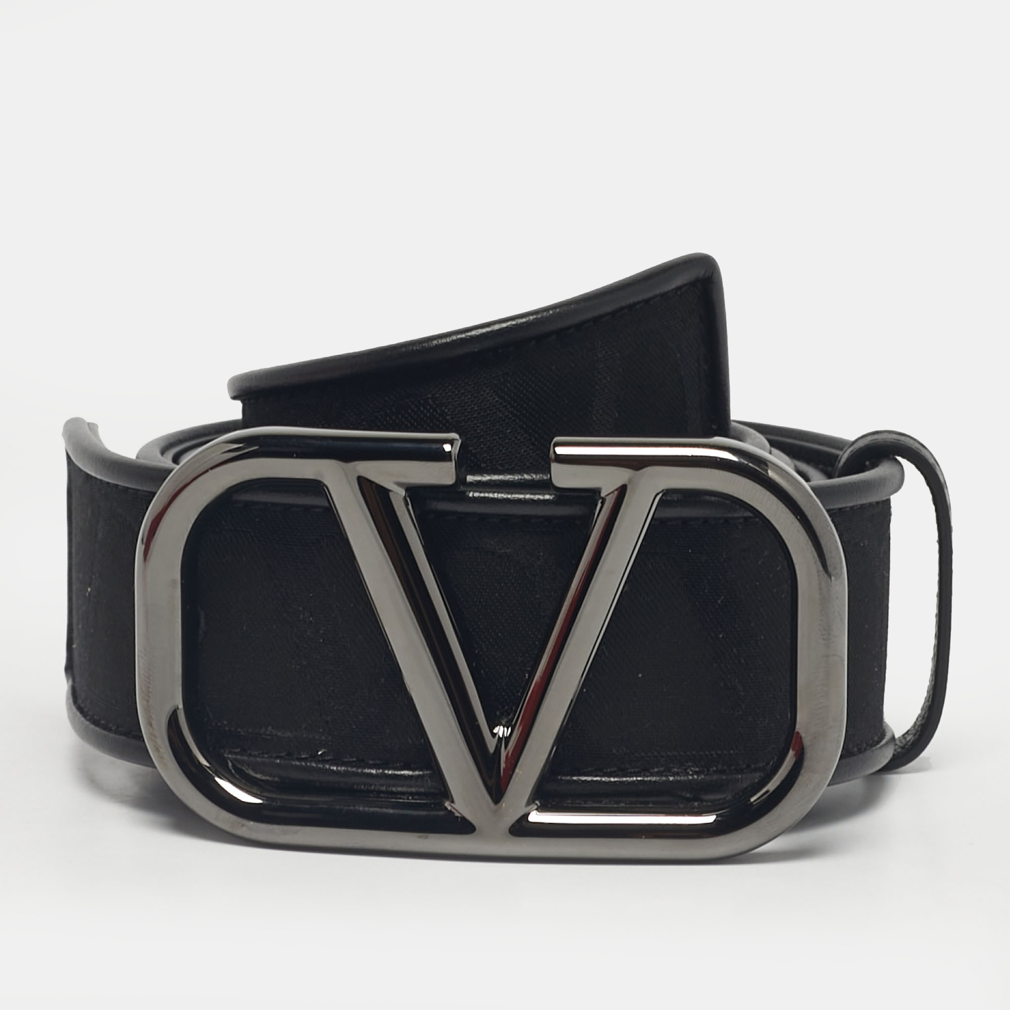 

Valentino Black Iconographe Canvas and Leather VLogo Buckle Belt