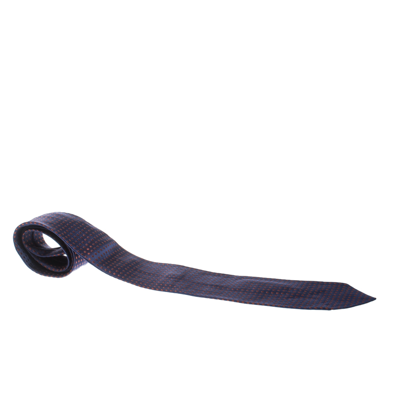 مملوكة مسبقًا ربطة عنق فالنتينو حرير أزرق كحلي وبني مربعات مطرزة