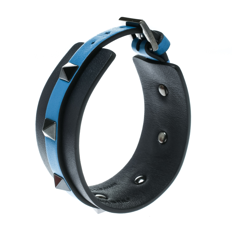 

Valentino Large Rockstud Bi Color Leather Gunmetal Tone Cuff Bracelet, Blue