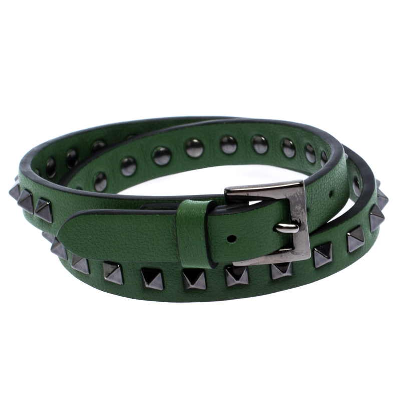 Valentino Rockstud Green Leather Gunmetal Tone Wrap Bracelet