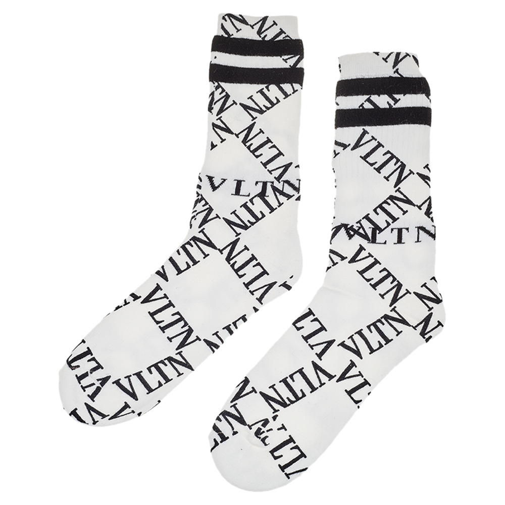 

Valentino White VLTN Grid Printed Cotton Knit Socks