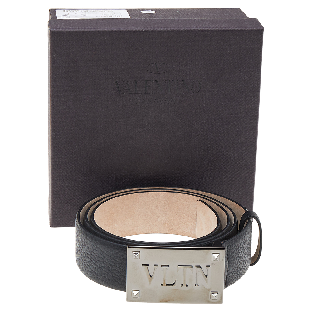 

Valentino Black Leather VLTN Plaque Belt