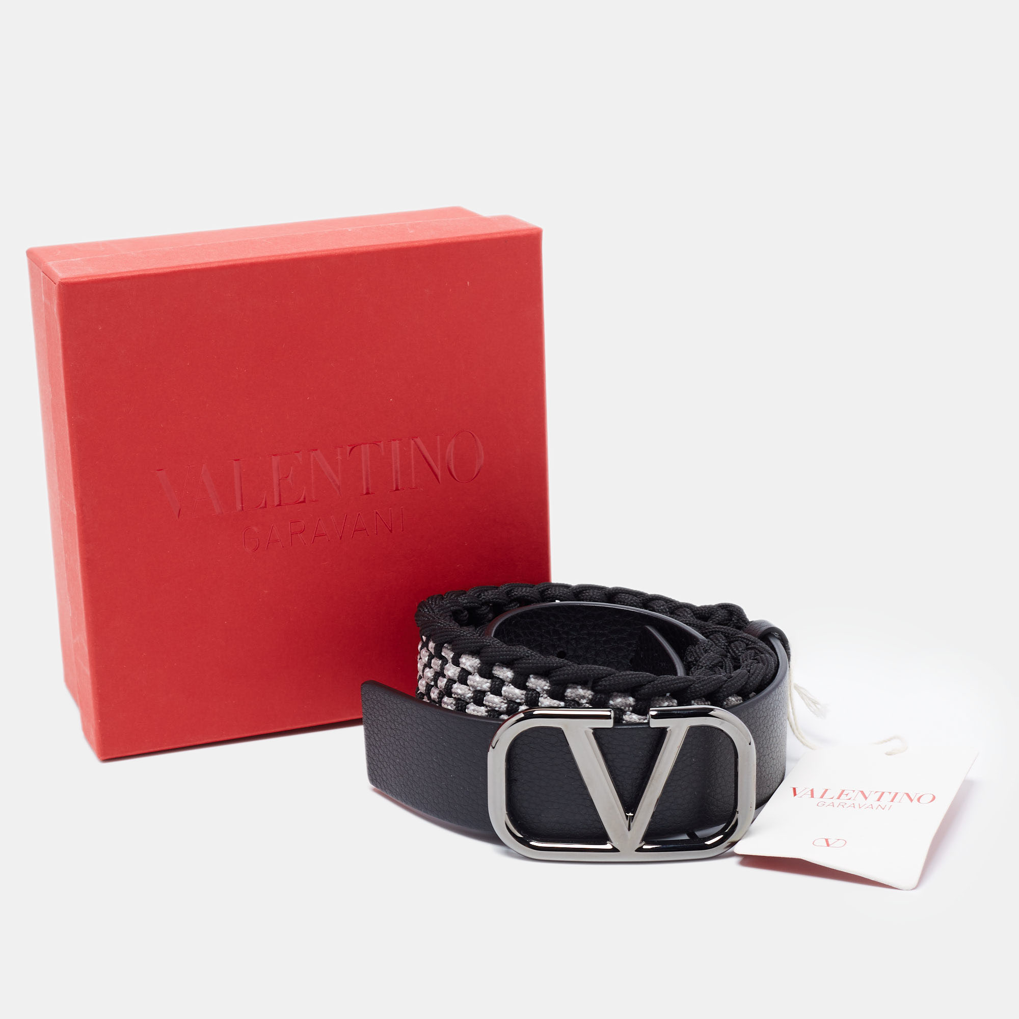 

Valentino Black Leather and Crochet VLogo Buckle Belt