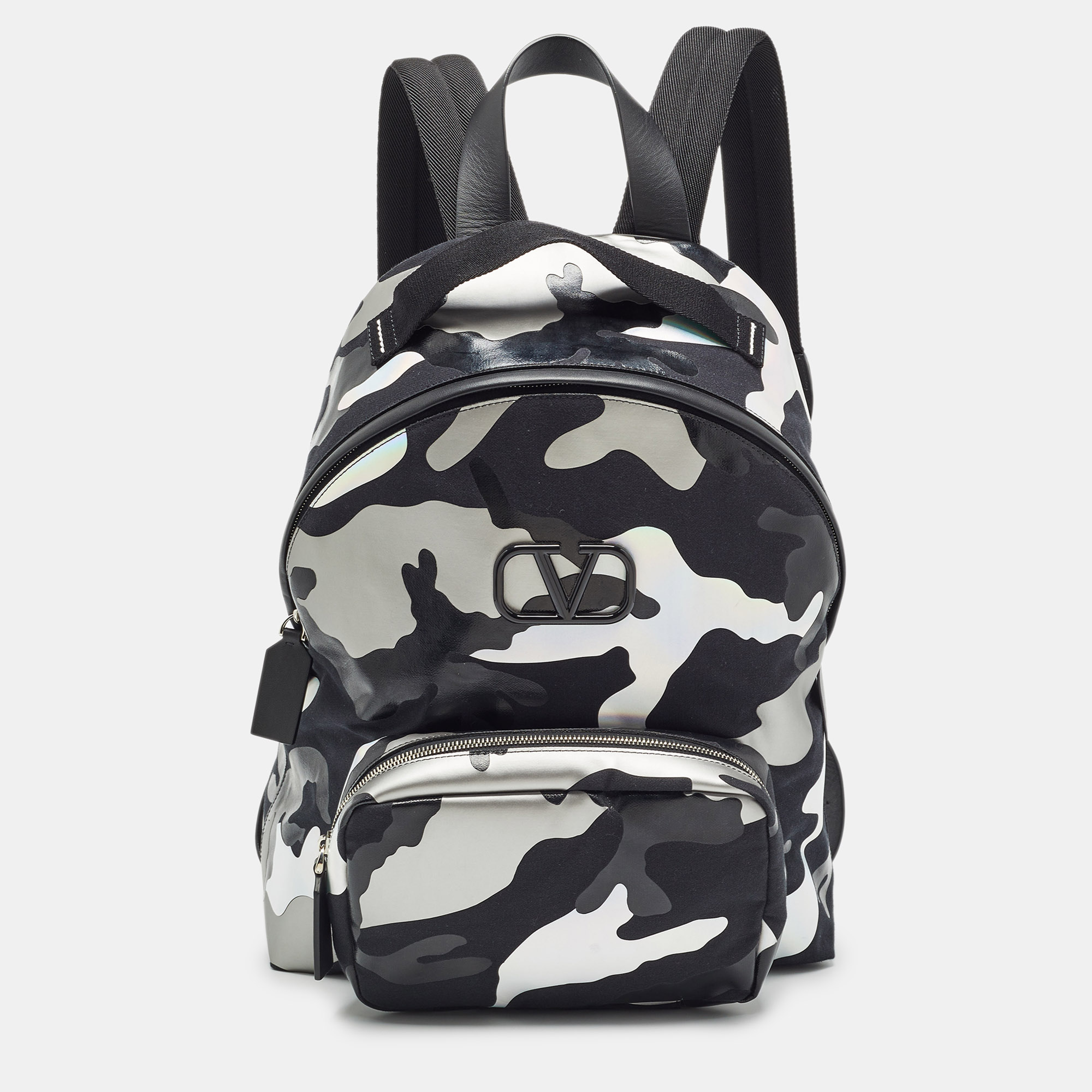 

Valentino Black/Metallic Camouflage Fabric and Leather VLogo Backpack